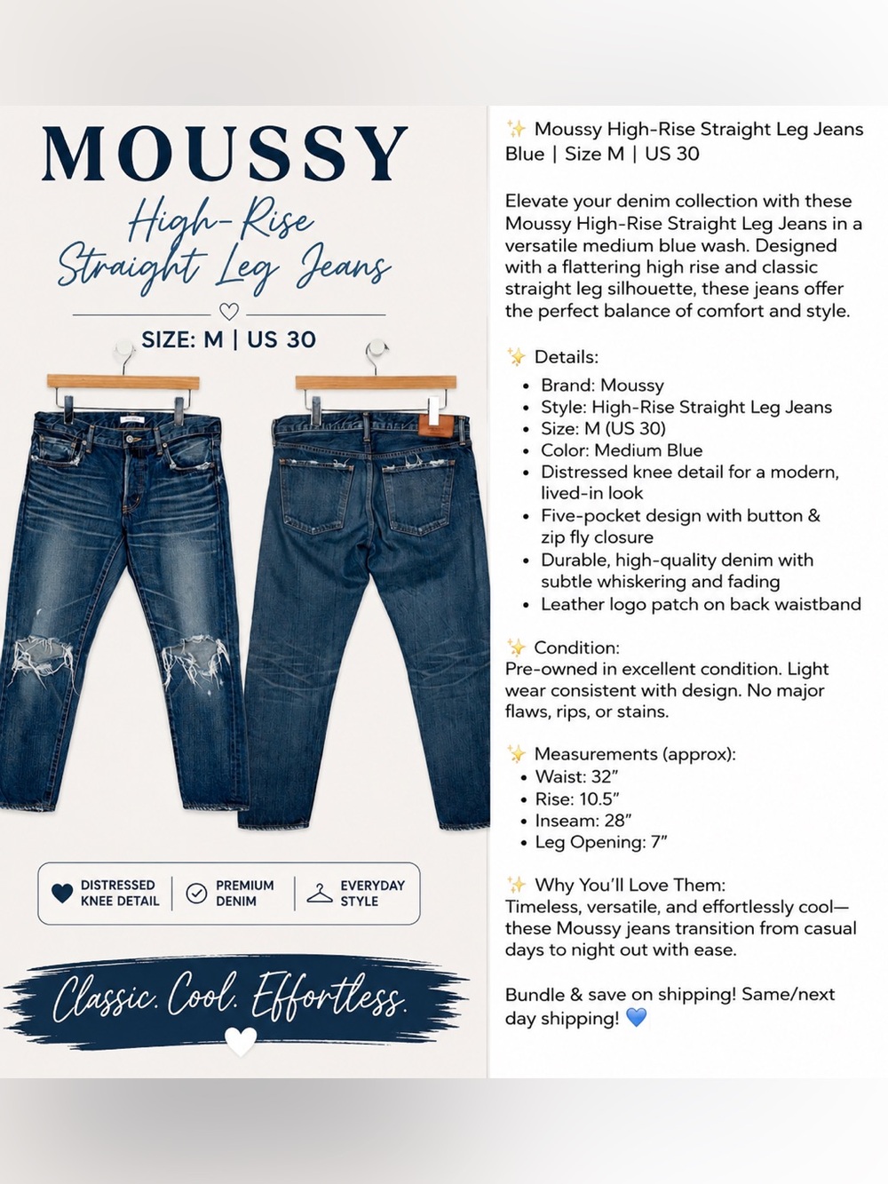 ✨ Moussy High-Rise Straight Leg Distressed Jeans – Size M / US 30